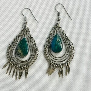 Artisan Silver Dark Green Stone Tear Drop Filigree Chandelier Dangle Earrings